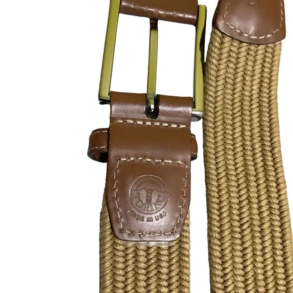 Torino Stretch Leather and Braided Fabric Belt Sz 40 Tan Khaki